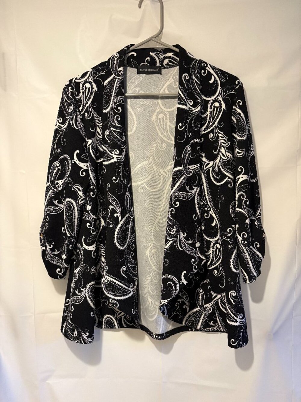 Womens Travel Elements Size S Black White Paisley Print Open-Front Jacket